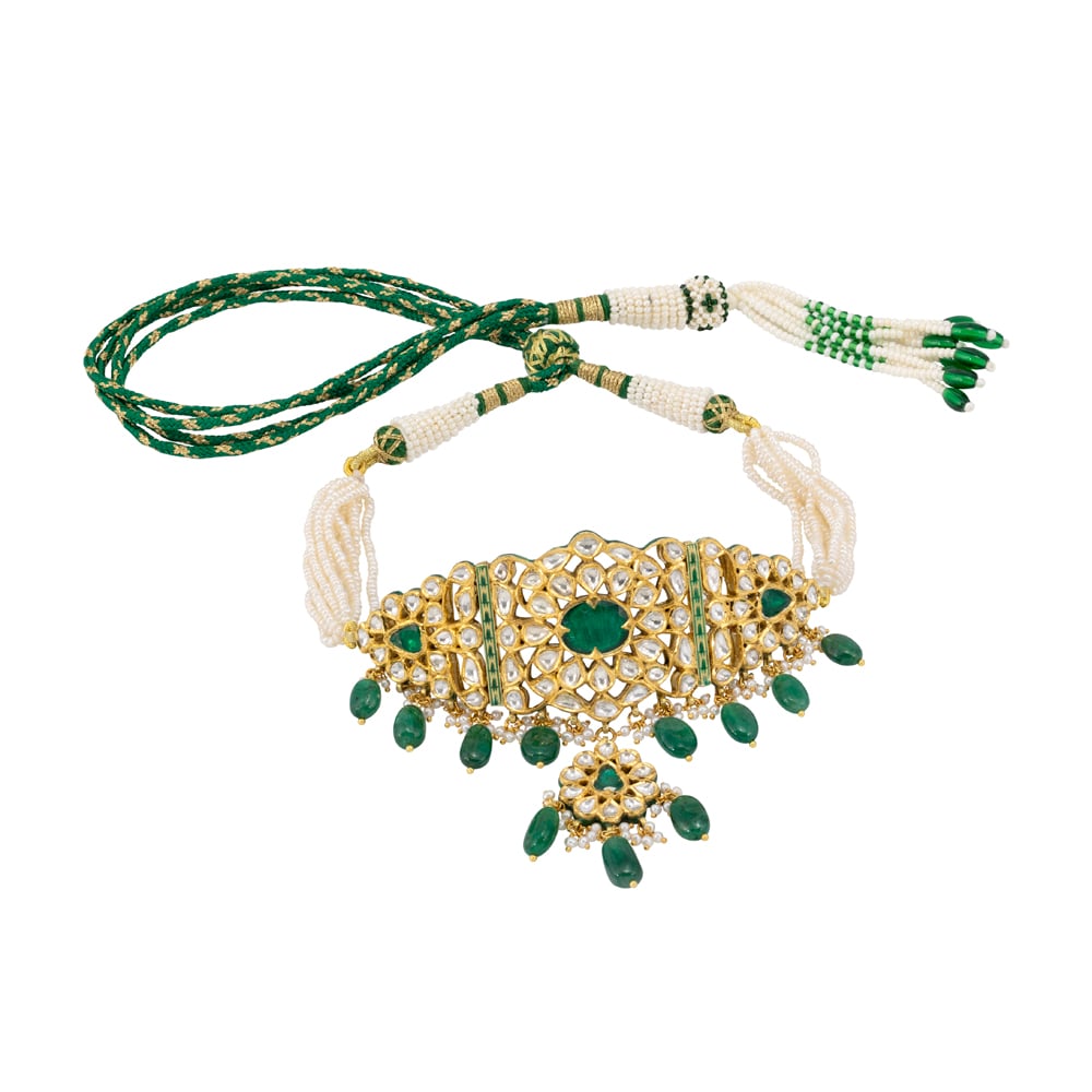 Zambian Emerald Mughal-Inspired Choker with Pearl Strands